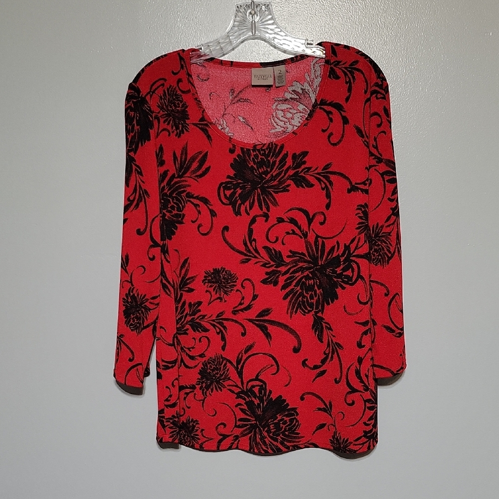 Chicos Easywear Womens Red Black Scroll Floral Print Top Blouse  Sz L /2 Classy